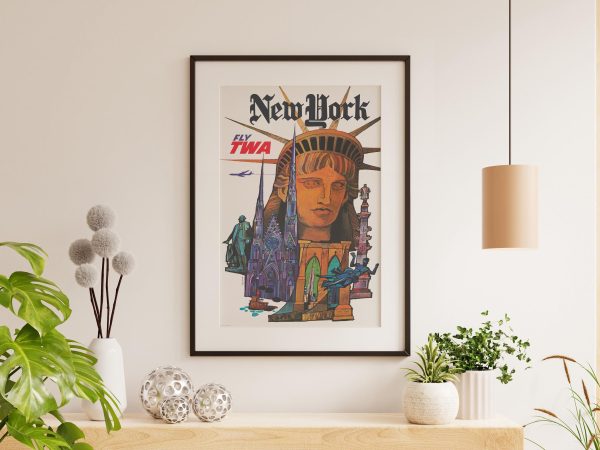 Airline New York Travel Poster - 1960s TWA, Retro New York Art, Mid-Century Modern Decor, Aviation History Gift, Statue of Liberty Art