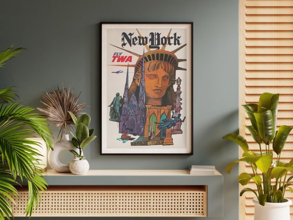 Airline New York Travel Poster - 1960s TWA, Retro New York Art, Mid-Century Modern Decor, Aviation History Gift, Statue of Liberty Art