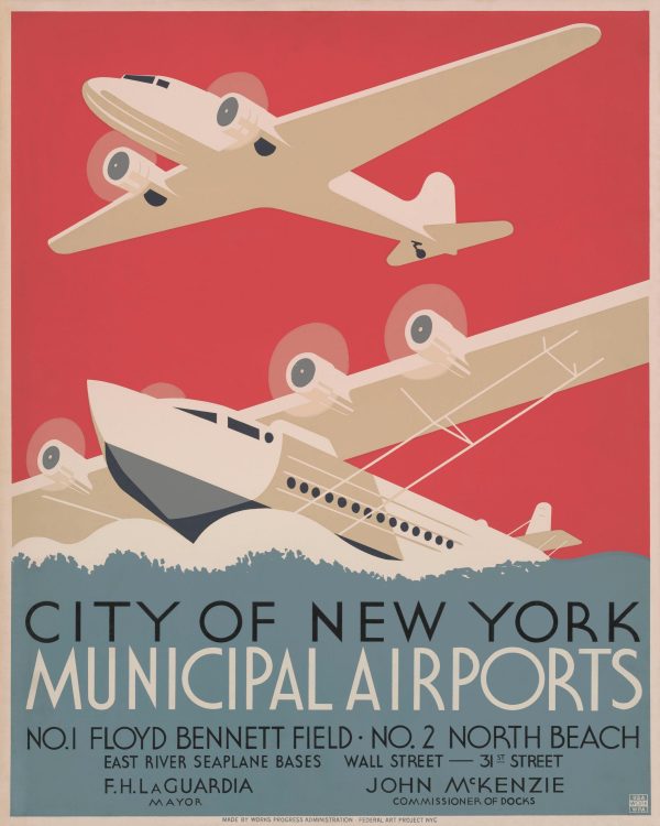 New York Municipal Airports Poster - 1930s Art, Retro Aviation Decor, City of New York, LaGuardia Airport History Gift, Pilot Gift, Aviation