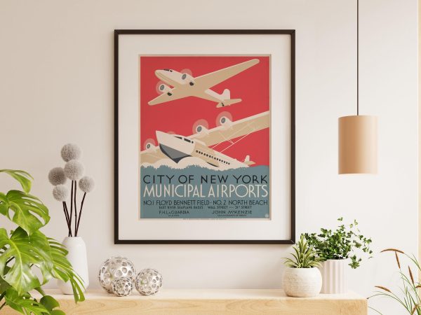 New York Municipal Airports Poster - 1930s Art, Retro Aviation Decor, City of New York, LaGuardia Airport History Gift, Pilot Gift, Aviation