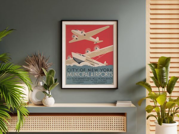 New York Municipal Airports Poster - 1930s Art, Retro Aviation Decor, City of New York, LaGuardia Airport History Gift, Pilot Gift, Aviation