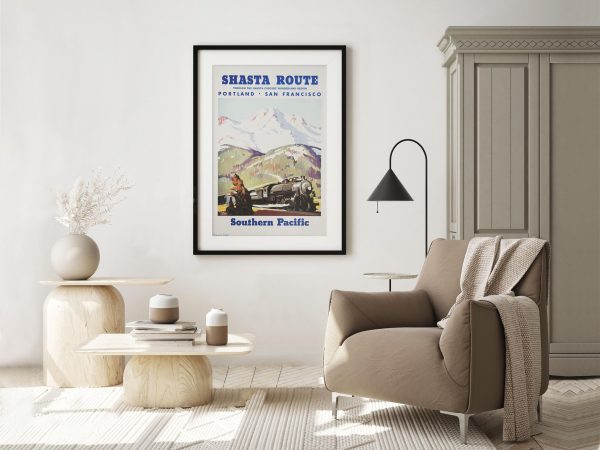 Shasta Route Poster - Southern Pacific Railroad, 1930s Travel Art, Retro Train Decor, Pacific Northwest, Maurice Logan Artwork