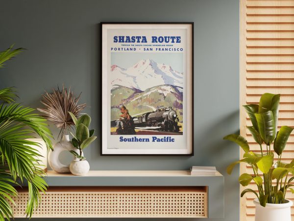 Shasta Route Poster - Southern Pacific Railroad, 1930s Travel Art, Retro Train Decor, Pacific Northwest, Maurice Logan Artwork