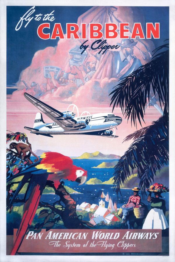 Fly to the Caribbean Poster - Pan American Airways, 1940s Pan Am Travel Art, Tropical Island Decor, Caribbean Adventure Gift, Airline Poster