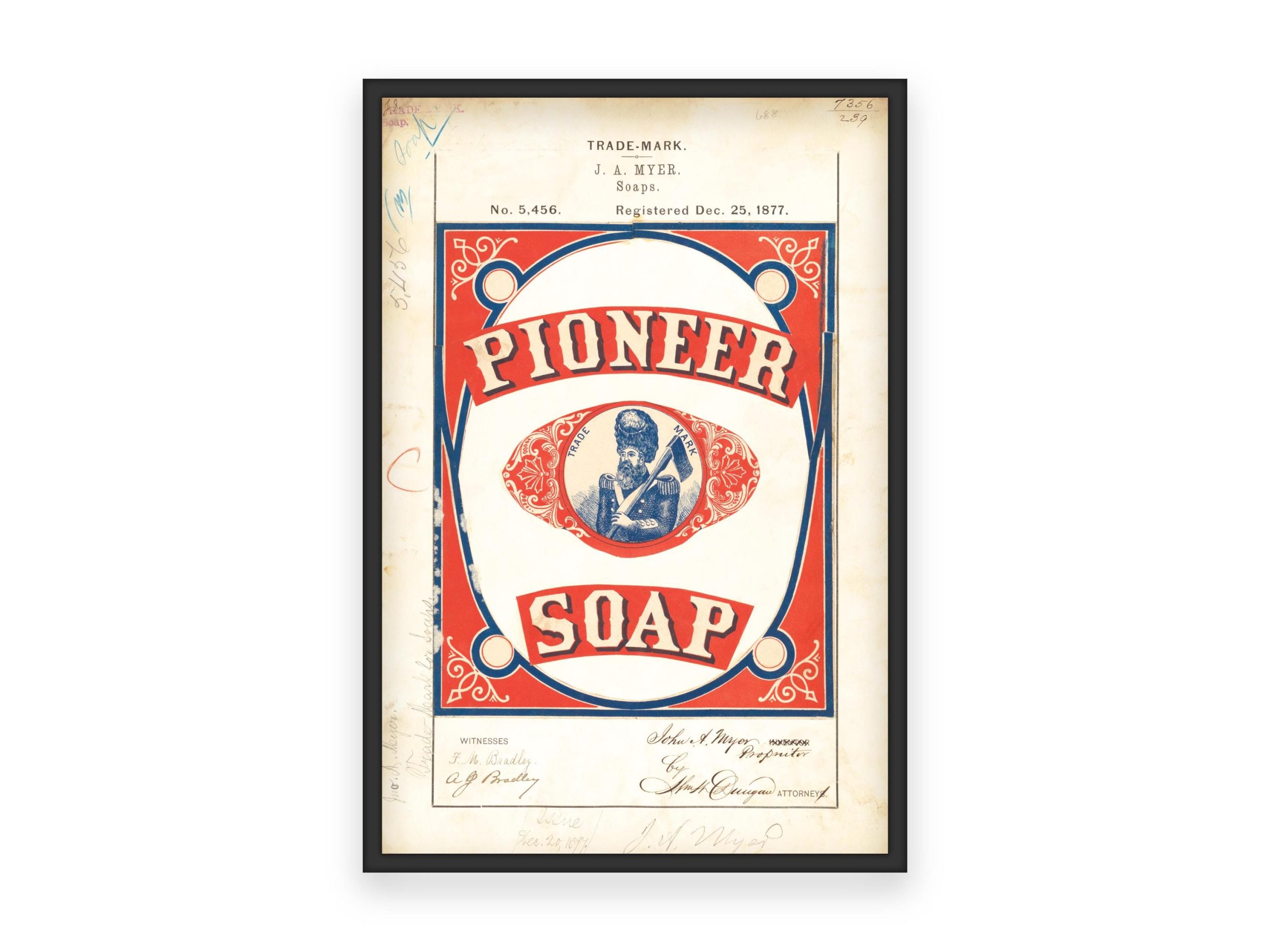 J.A. Myer Pioneer Soap 1877 Poster - Vintage Soap Branding, Classic Pioneer Icon, Antique Red Blue Soap Advertisement Print, Historic Decor