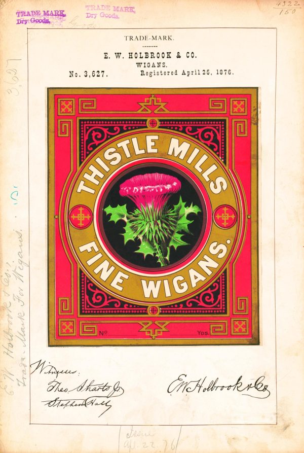 Thistle Mills Fine Wigans 1876 Poster - Vintage Textile Label, Classic Wigans Fabric Ad, Antique Textile Print, Historic Decor