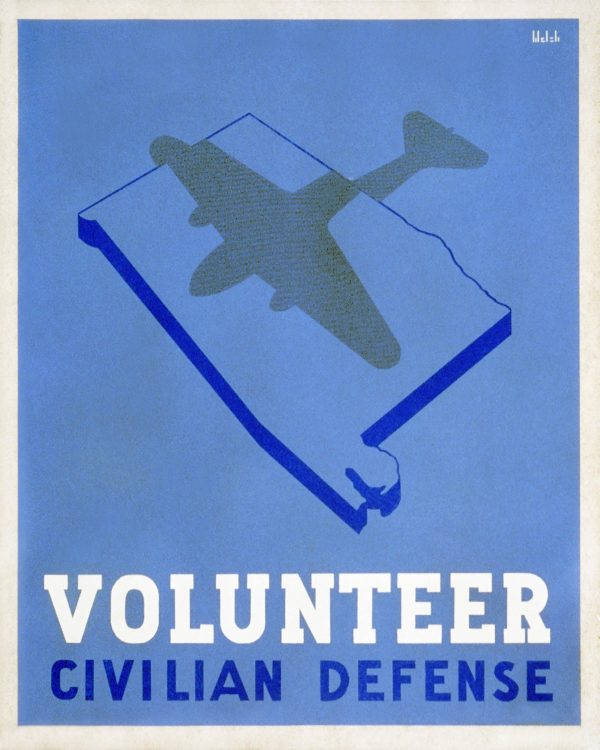 Volunteer Civilian Defense Poster, WWII Home Front Artwork, Military Aviation Silhouette, War Effort Propaganda, Civil Defense Wall Art