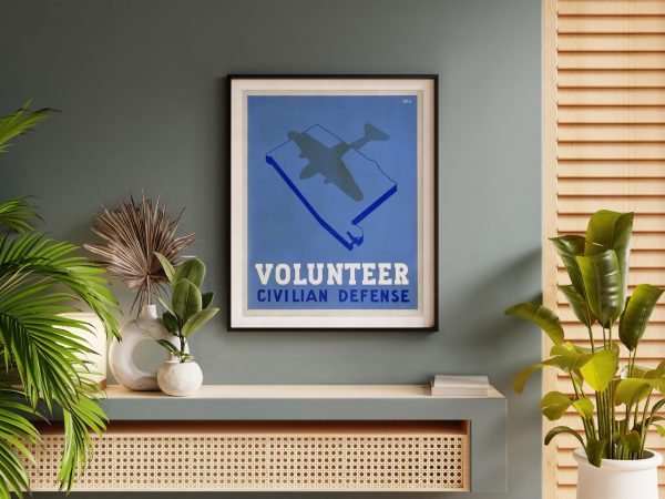 Volunteer Civilian Defense Poster, WWII Home Front Artwork, Military Aviation Silhouette, War Effort Propaganda, Civil Defense Wall Art