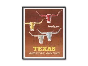 Texas American Airlines Travel Poster – Longhorn Cattle Art, Vintage Airline Advertisement, Mid-Century Texas Decor, Retro Western Wall Art