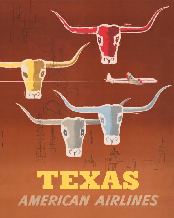 Texas American Airlines Travel Poster - Longhorn Cattle Art, Vintage Airline Advertisement, Mid-Century Texas Decor, Retro Western Wall Art