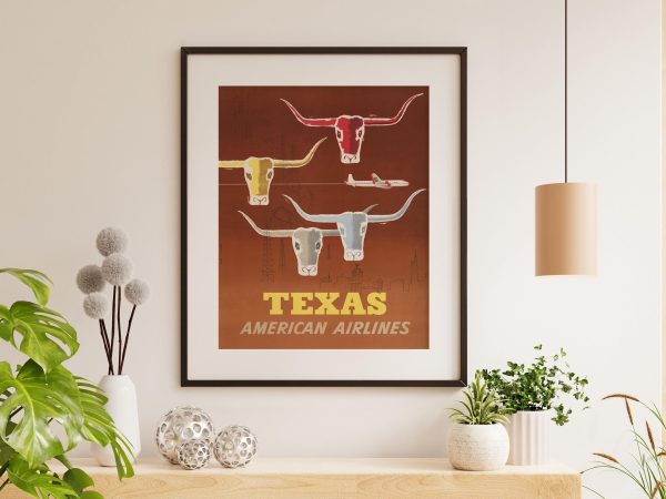 Texas American Airlines Travel Poster - Longhorn Cattle Art, Vintage Airline Advertisement, Mid-Century Texas Decor, Retro Western Wall Art