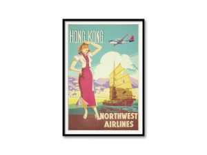 Hong Kong Travel Poster – Vintage Northwest Airlines, Retro Travel Art, Mid-Century Poster, Aviation Decor, Hong Kong Harbor Scene, 1950 Art