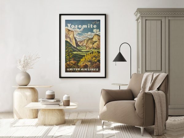 Yosemite Vintage Travel Poster - United Air Lines, 1950s National Park Art, United States, Yosemite Valley, Vintage Nature Decor