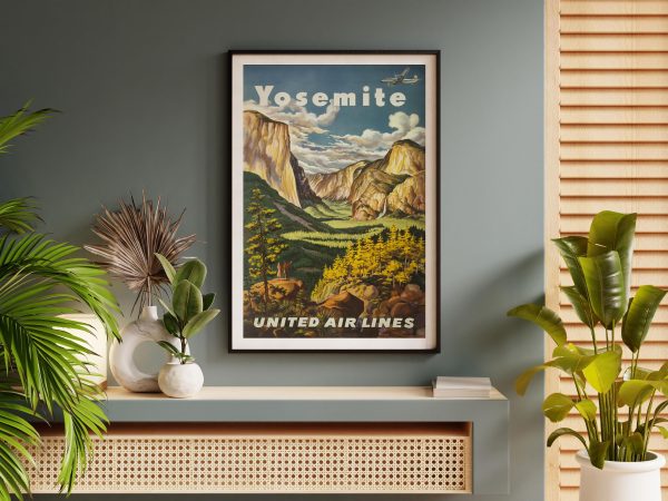 Yosemite Vintage Travel Poster - United Air Lines, 1950s National Park Art, United States, Yosemite Valley, Vintage Nature Decor