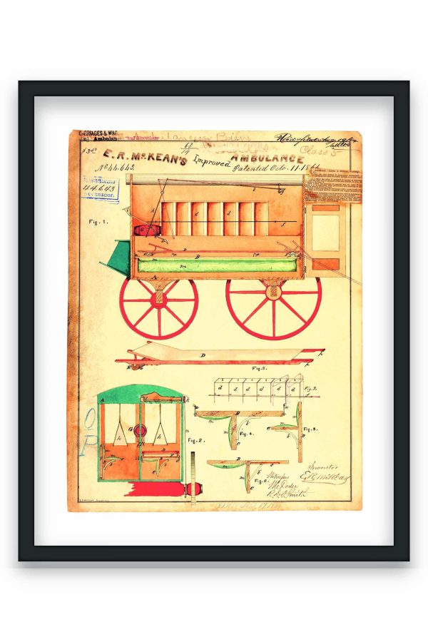 Antique Ambulance Patent Print 1864 - Vintage Medical Decor, Historical Carriage Art, Civil War Era Poster, Medical Office Wall Art