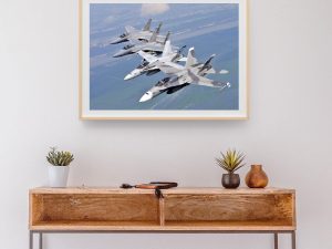 F/A-18 Hornets and F-15 Strike Eagles in Echelon Formation – U.S. Navy and Air National Guard Military Plane Art, Aviation Enthusiast Gift