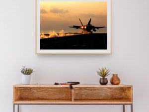 F/A-18 Hornet Jet Taking Off at Sunset – U.S. Navy Aircraft Carrier Operations, Military Fighter Jet at Dusk, Aviation Photography