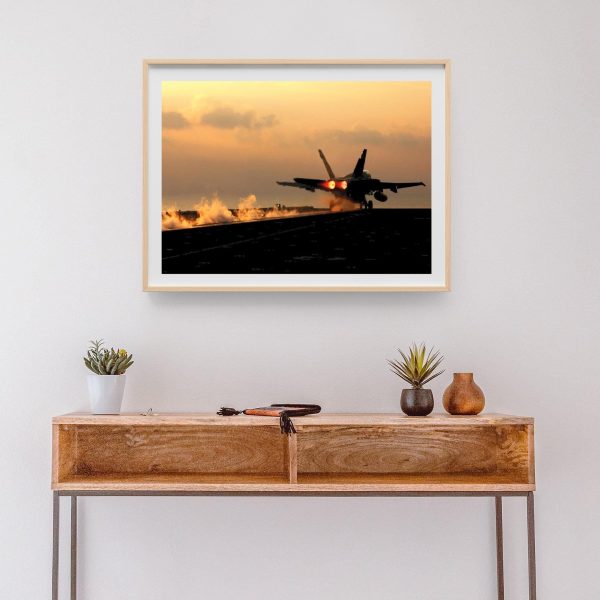 F/A-18 Hornet Jet Taking Off at Sunset – U.S. Navy Aircraft Carrier Operations, Military Fighter Jet at Dusk, Aviation Photography