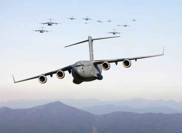 C-17 Globemaster III Leading Formation – U.S. Air Force Transport Aircraft, Military Aviation Print, Strategic Airlift Operations Wall Art