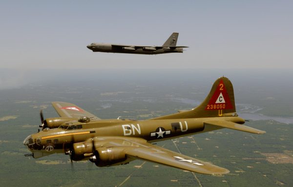 B-17 Flying Fortress and B-52 Stratofortress Formation – Military Bombers in Flight, World War II, Cold War Aircraft, Aviation Wall Art