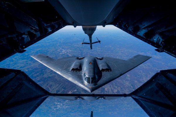 B-2 Spirit Stealth Bomber in Mid-Air Refueling – USAF Military Art, Modern Stealth Aircraft, Stealth Bomber Poster, Military Aviation Decor