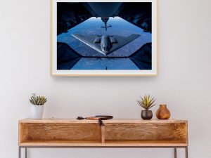 B-2 Spirit Stealth Bomber in Mid-Air Refueling – USAF Military Art, Modern Stealth Aircraft, Stealth Bomber Poster, Military Aviation Decor