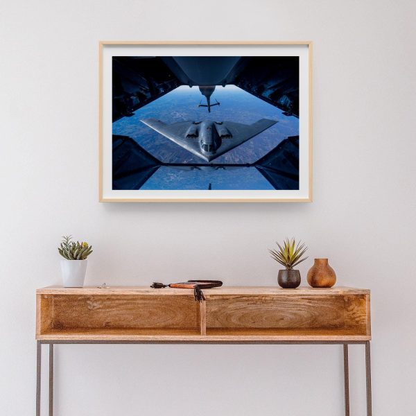 B-2 Spirit Stealth Bomber in Mid-Air Refueling – USAF Military Art, Modern Stealth Aircraft, Stealth Bomber Poster, Military Aviation Decor