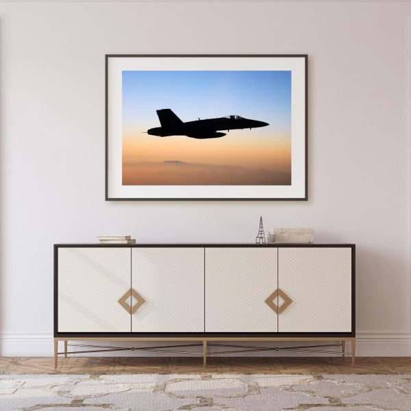 F/A-18C Hornet Flying at Sunset – Navy Jet Poster, Aviation Art, Military Aircraft Decor, Fighter Jet Silhouette, Pilot Gift