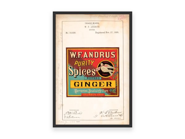 W.F. Andrus Ginger Trademark 1888 Print - Vintage Spice Label Art, Retro Packaging Decor, Antique Culinary Design, Kitchen Wall Art