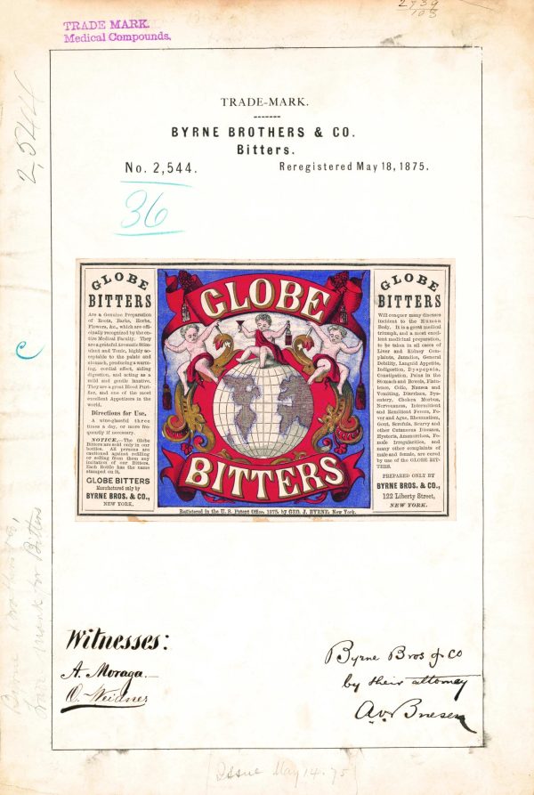 Byrne Brothers & Co. Globe Bitters Trademark 1875 Print - Vintage Medicine Label Art, Retro Health Remedy Poster, Antique Beverage Decor