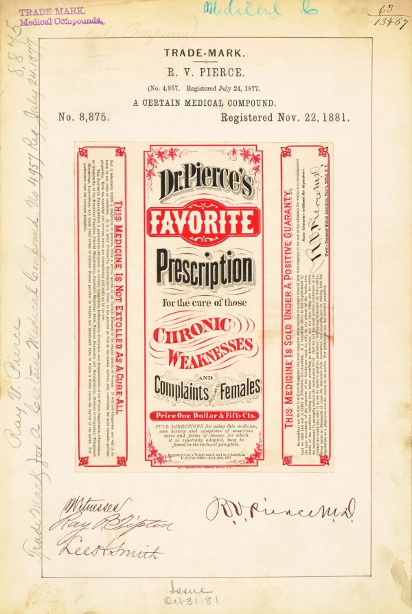 Dr. Pierce’s Favorite Prescription Trademark 1881 Print - Vintage Medicine Label Art, Retro Health Remedy Poster, Antique Medical Decor