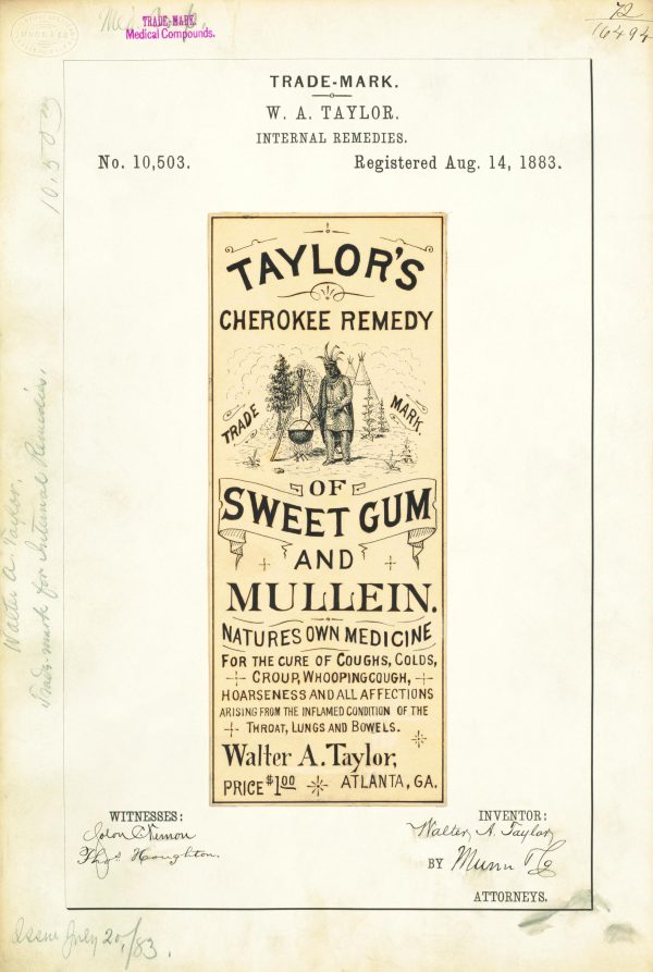 Taylor’s Cherokee Remedy of Sweet Gum & Mullein Trademark 1883 Print - Vintage Medicine Label Art, Retro Health Remedy Poster, Medical Decor