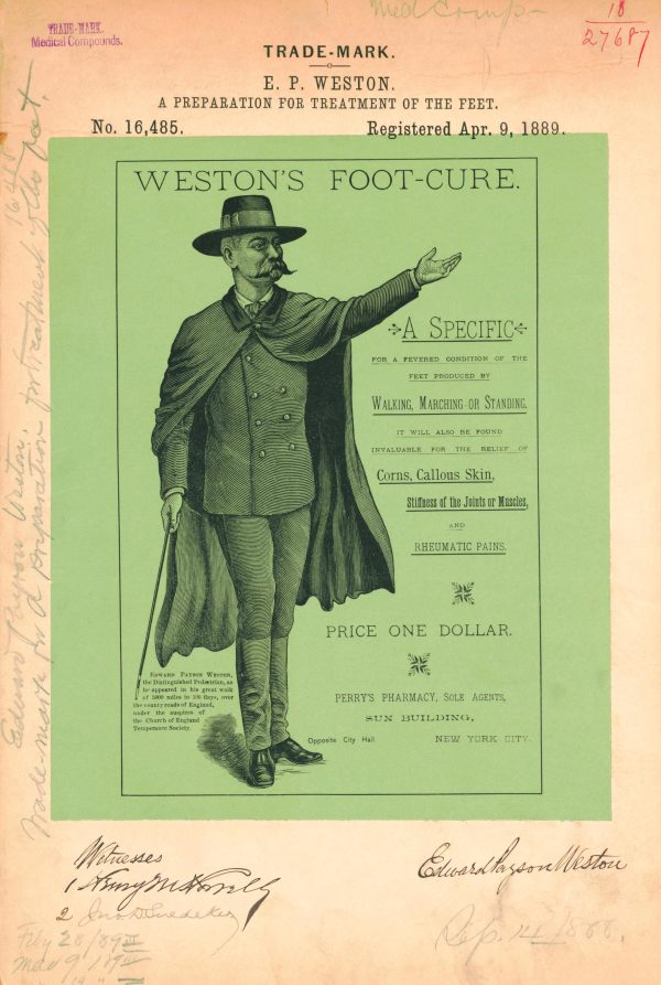 Weston’s Foot Cure Trademark 1889 Print - Vintage Medicine Label Art, Retro Foot Care Remedy Poster, Antique Health Decor