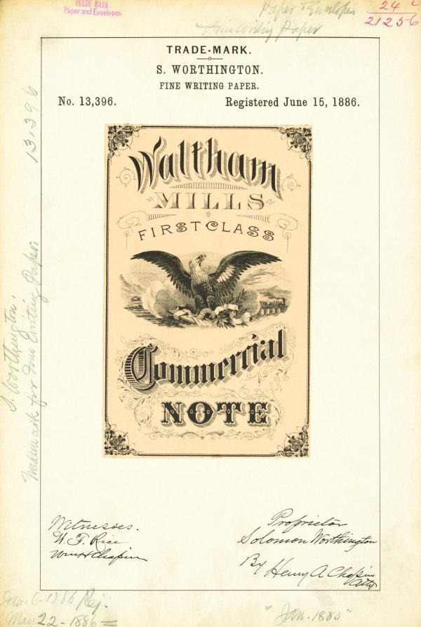 Waltham Mills Commercial Note Paper Trademark 1886 Print - Vintage Writing Paper Label, Antique Stationery Art, Retro Office Decor