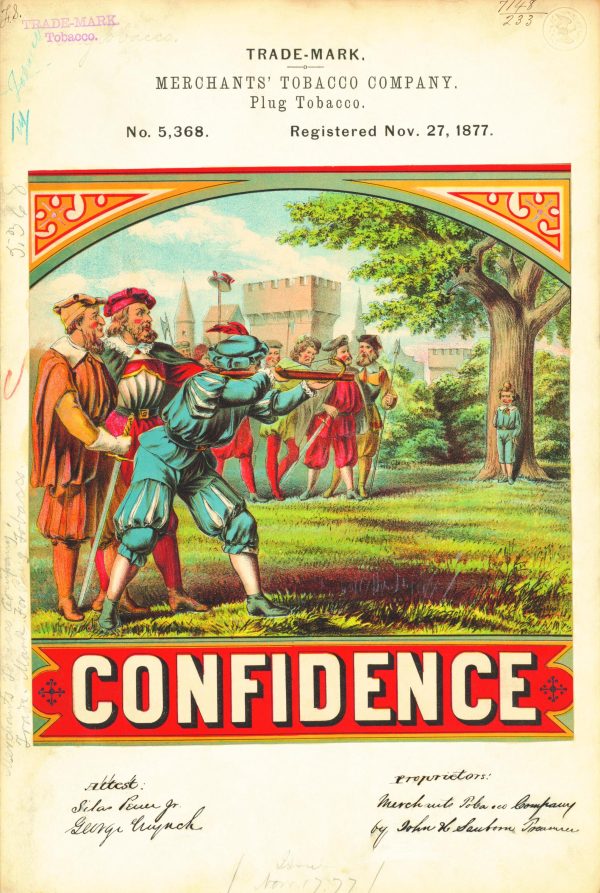 Confidence Tobacco Trademark 1877 Print - Vintage Medieval Scene, Retro Chewing Tobacco Label, Antique Historical Decor