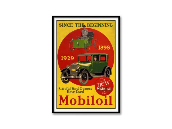 Vintage Mobiloil Advertisement Print – Vintage Car Oil Ad, Retro Car Poster, 1929 and 1898 Car Art, Antique Car Ad Print