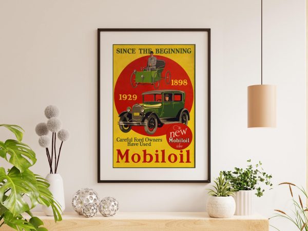 Vintage Mobiloil Advertisement Print – Vintage Car Oil Ad, Retro Car Poster, 1929 and 1898 Car Art, Antique Car Ad Print