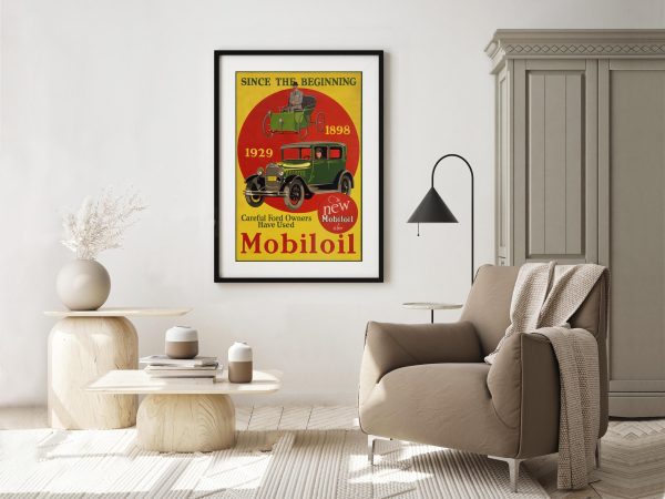 Vintage Mobiloil Advertisement Print – Vintage Car Oil Ad, Retro Car Poster, 1929 and 1898 Car Art, Antique Car Ad Print