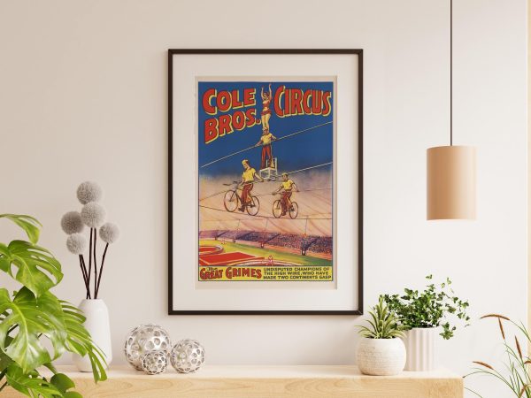 Cole Bros Circus Poster – Great Grimes High Wire Act, Vintage Circus Poster, Tightrope Walker Art, Circus Decor, Acrobatic Performance Print