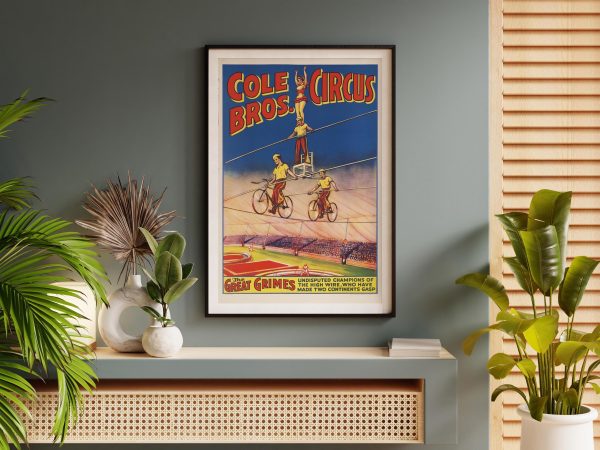 Cole Bros Circus Poster – Great Grimes High Wire Act, Vintage Circus Poster, Tightrope Walker Art, Circus Decor, Acrobatic Performance Print