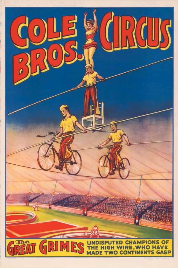 Cole Bros Circus Poster – Great Grimes High Wire Act, Vintage Circus Poster, Tightrope Walker Art, Circus Decor, Acrobatic Performance Print