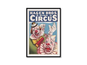 Hagen Bros. 3-Ring Circus Poster – Vintage Clown Art, Colorful Circus Poster, Retro Clown Illustration, Circus Memorabilia, Clown Decor