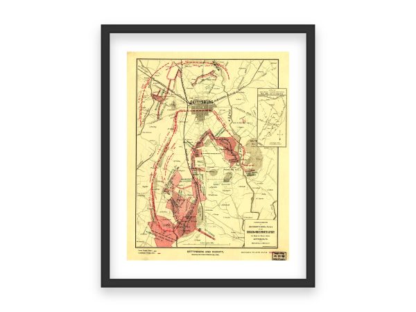 Historic Map of Gettysburg and Vicinity - Civil War Battle Lines, Union and Confederate Troops, Key Battle of Gettysburg Locations 1863