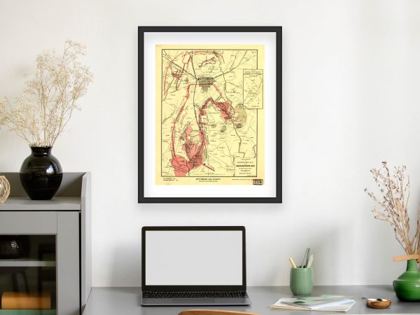 Historic Map of Gettysburg and Vicinity - Civil War Battle Lines, Union and Confederate Troops, Key Battle of Gettysburg Locations 1863