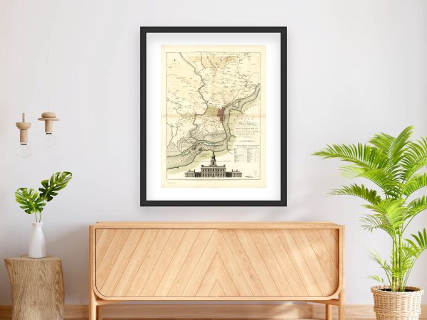 18th Century Philadelphia Map with Independence Hall Illustration - Early American City Planning and Colonial Era Landmarks