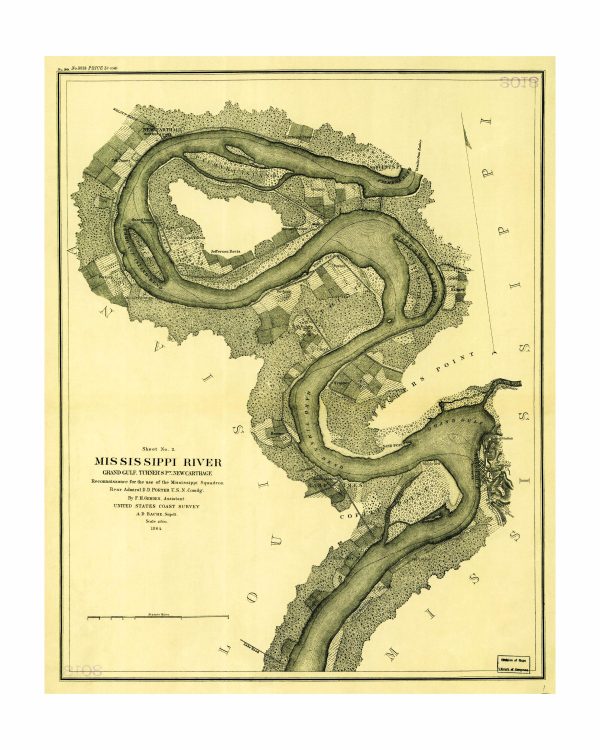 1864 Mississippi River Map - Civil War Era, Grand Gulf to Rodney, Detailed Survey by the U.S. Coast Survey for Military Operations