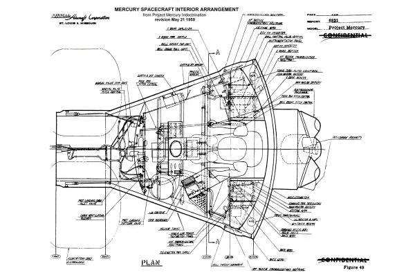 NASA Mercury Space Capsule Blueprint - 1959 Project Mercury Diagram, Detailed Interior Arrangement, Historic Spacecraft Engineering Plan