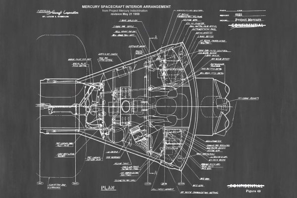 NASA Mercury Space Capsule Blueprint - 1959 Project Mercury Diagram, Detailed Interior Arrangement, Historic Spacecraft Engineering Plan