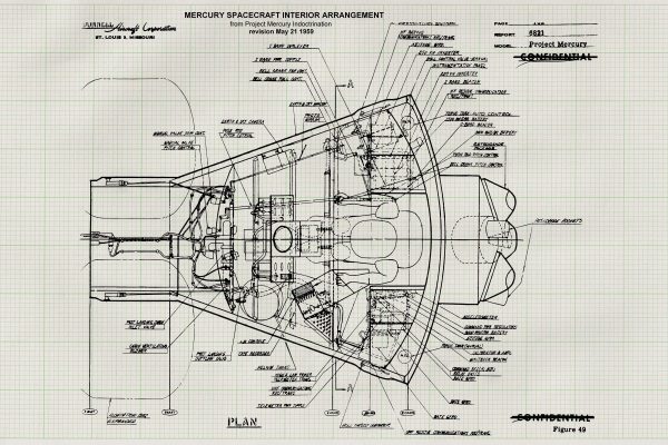 NASA Mercury Space Capsule Blueprint - 1959 Project Mercury Diagram, Detailed Interior Arrangement, Historic Spacecraft Engineering Plan