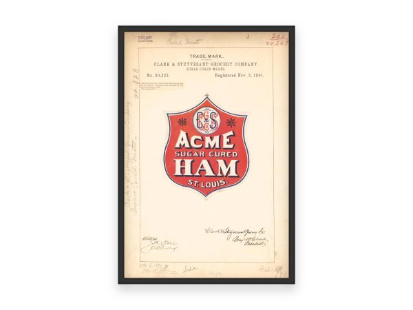 Acme Sugar Cured Ham Trademark 1891 Poster - Vintage Meat Branding, Classic St. Louis Food Label Art, Culinary Collectible Print